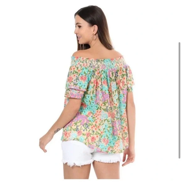 Myra Bag Floral Top off shoulder bell sleeve boho XL India boho - Picture 2 of 10